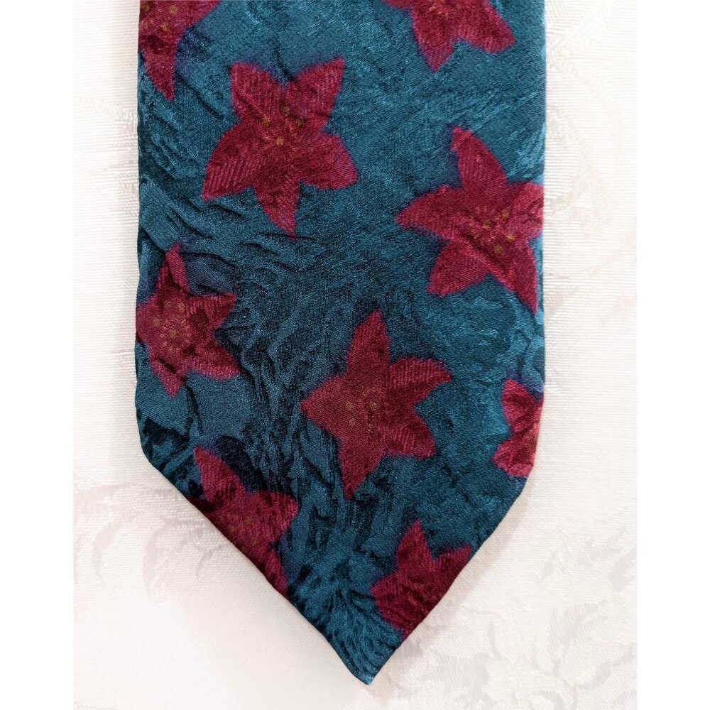 Vintage 70s Floral Silk Tie Damascus Jacquard Red Teal Traditional Width Wedding